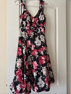 White House Black Market Black Midi Dress with Pink & White Floral Print